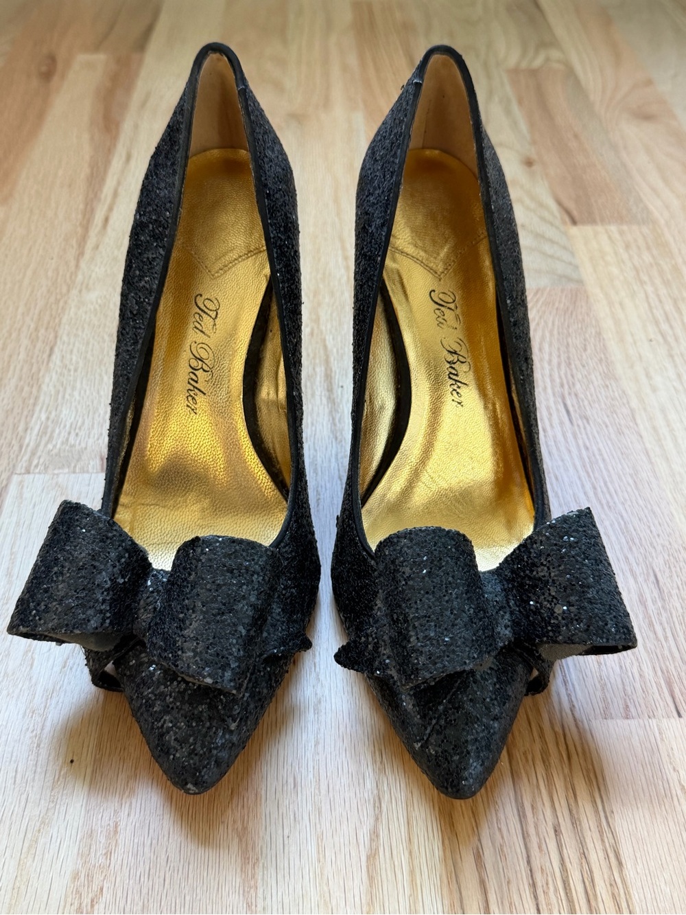 Ted Baker Black Glitter Pointed Toe Bow Pumps